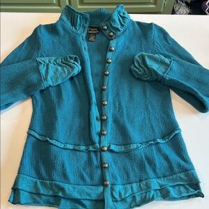 Pure Handknit - XS, 100% cotton Turquoise Button-Up Cardigan
